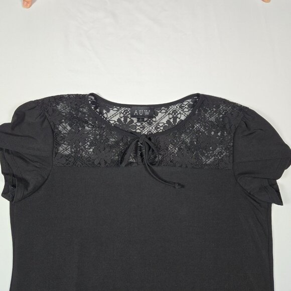 AUW Black Lace Blouse Large Date Night Cocktail Top‎ Flutter Sleeve Chic - Picture 11 of 11